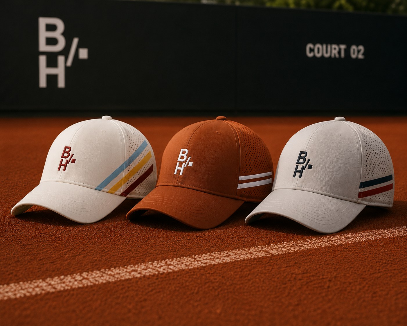 Tres gorras de tenis LEBHE sobre una pista de tierra batida