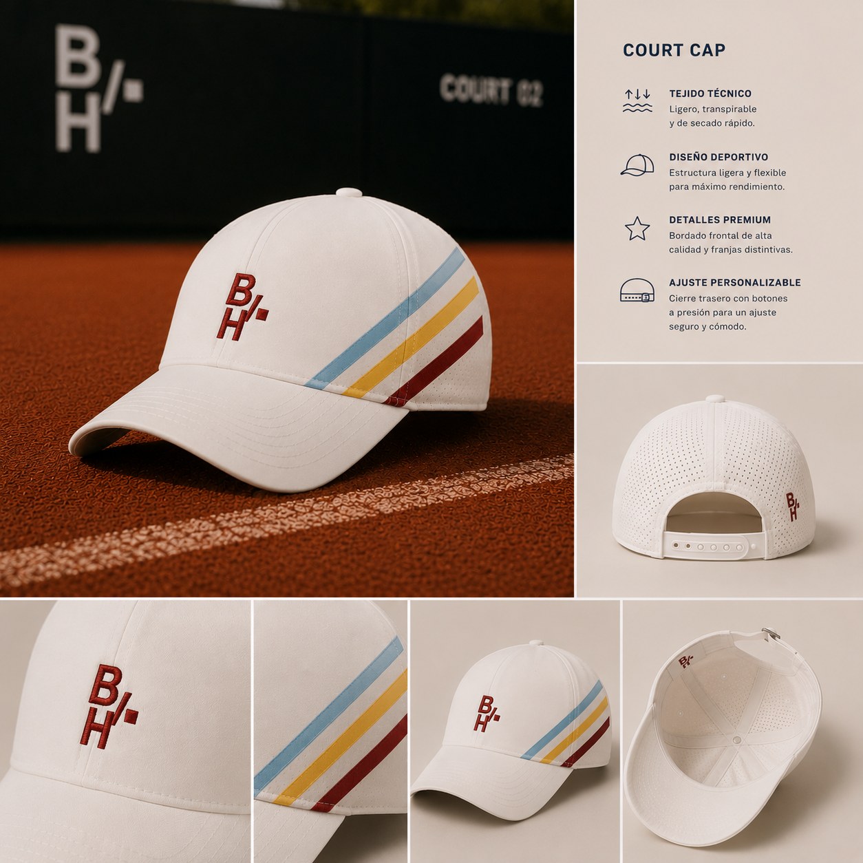 Detalles de una gorra LEBHE: bordado, rayas y tejido técnico