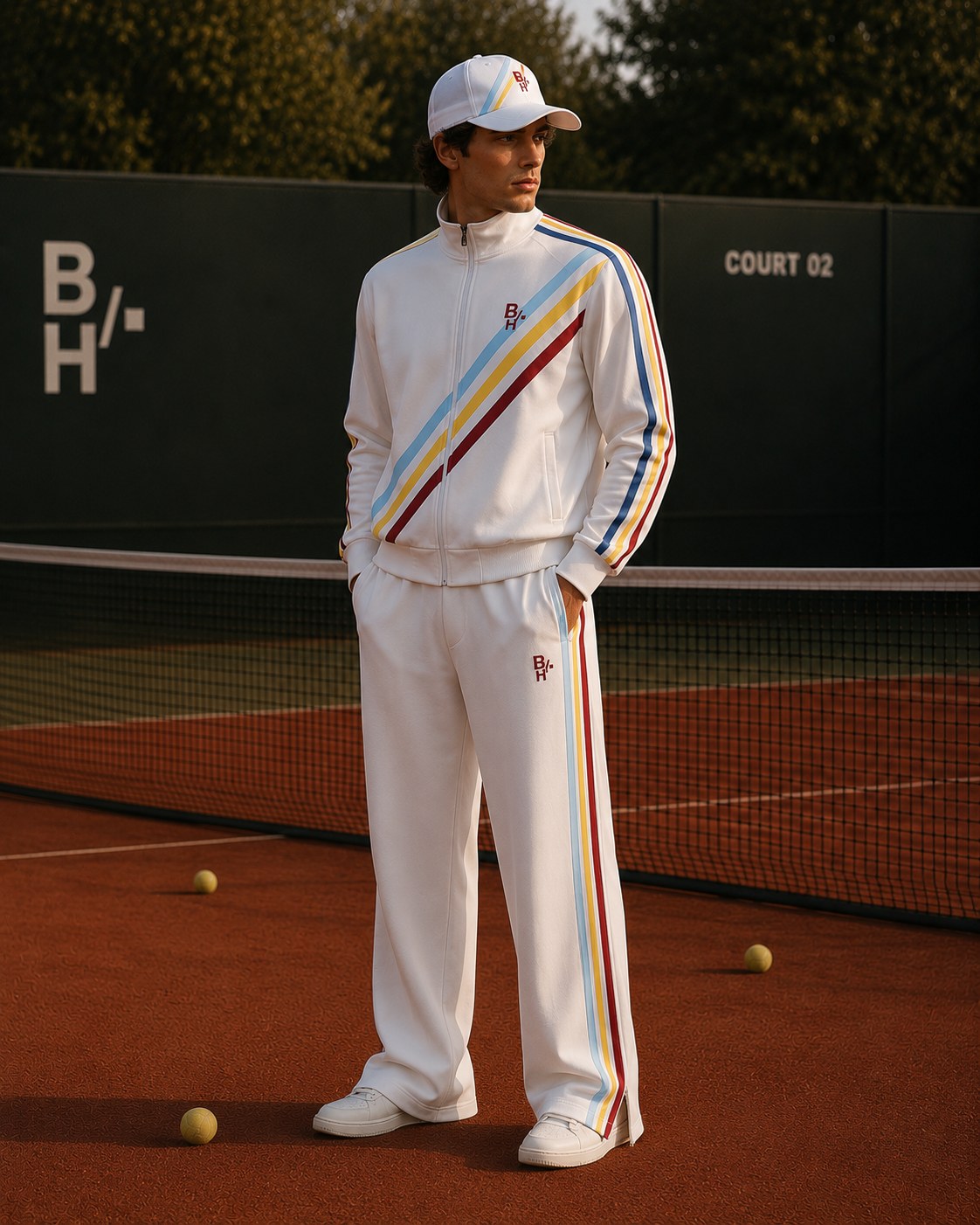 Modelo con chándal blanco LEBHE en una pista de tenis